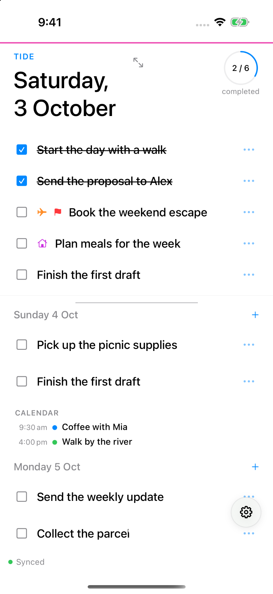 Tide for iPhone showing today’s tasks and upcoming days with calendar events