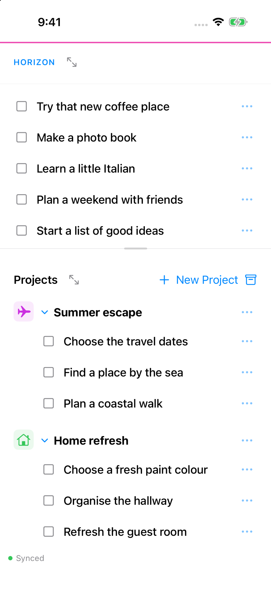 Horizon on iPhone showing unplaced ideas above Summer escape and Home refresh projects