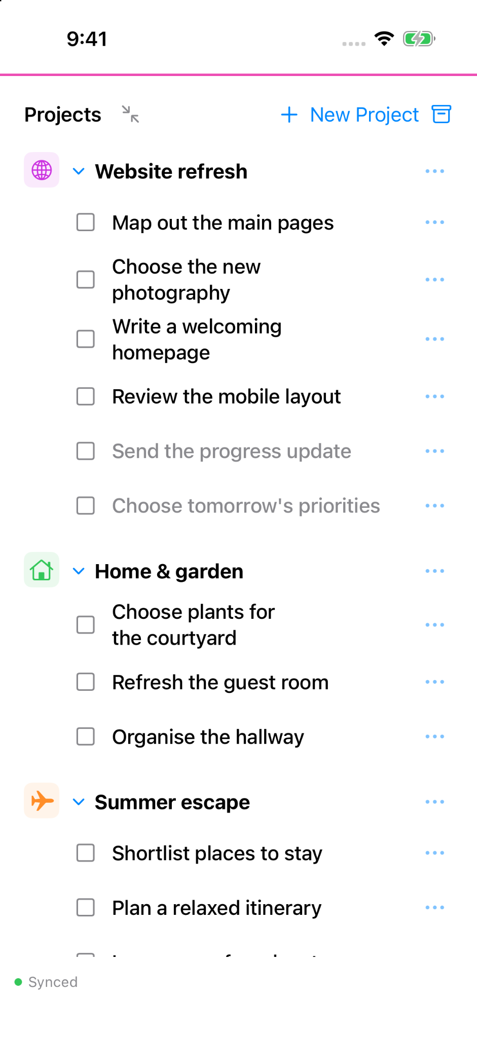 Projects on iPhone showing Website refresh, Home and garden, and Summer escape tasks